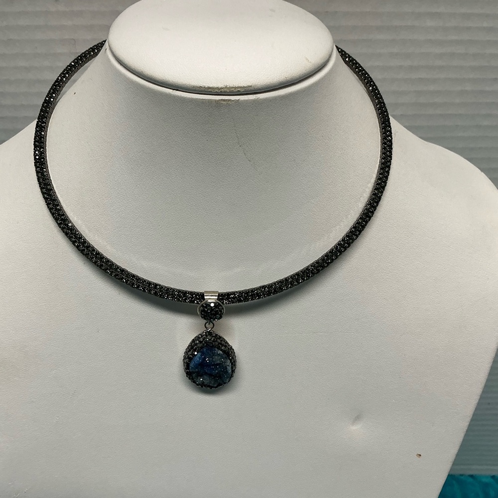 Sparkly Black open back metal necklace with Blue druzy & crystal pendant 16”